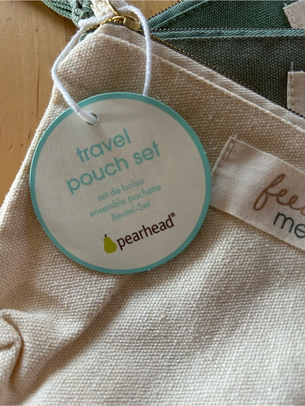 Pearhead 3-Piece Canvas Travel Pouch Set Sage Green Cream NWT